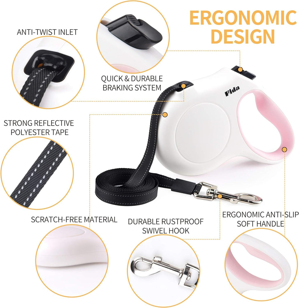 Fida Retractable Dog Leash with Dispenser and Poop Bags, 16ft, White & Pink
