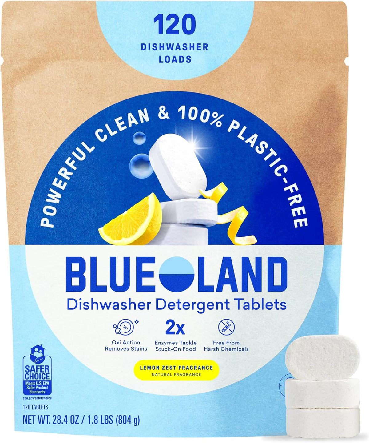 BLUELAND 100% Plastic-Free Dishwasher Detergent Tablets, 60ct, Free & Clear