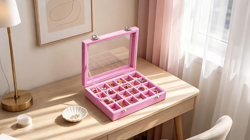 Vicoter Velvet Jewelry Box 24 Grid Jewelry Ring Display Organizer Box Tray
