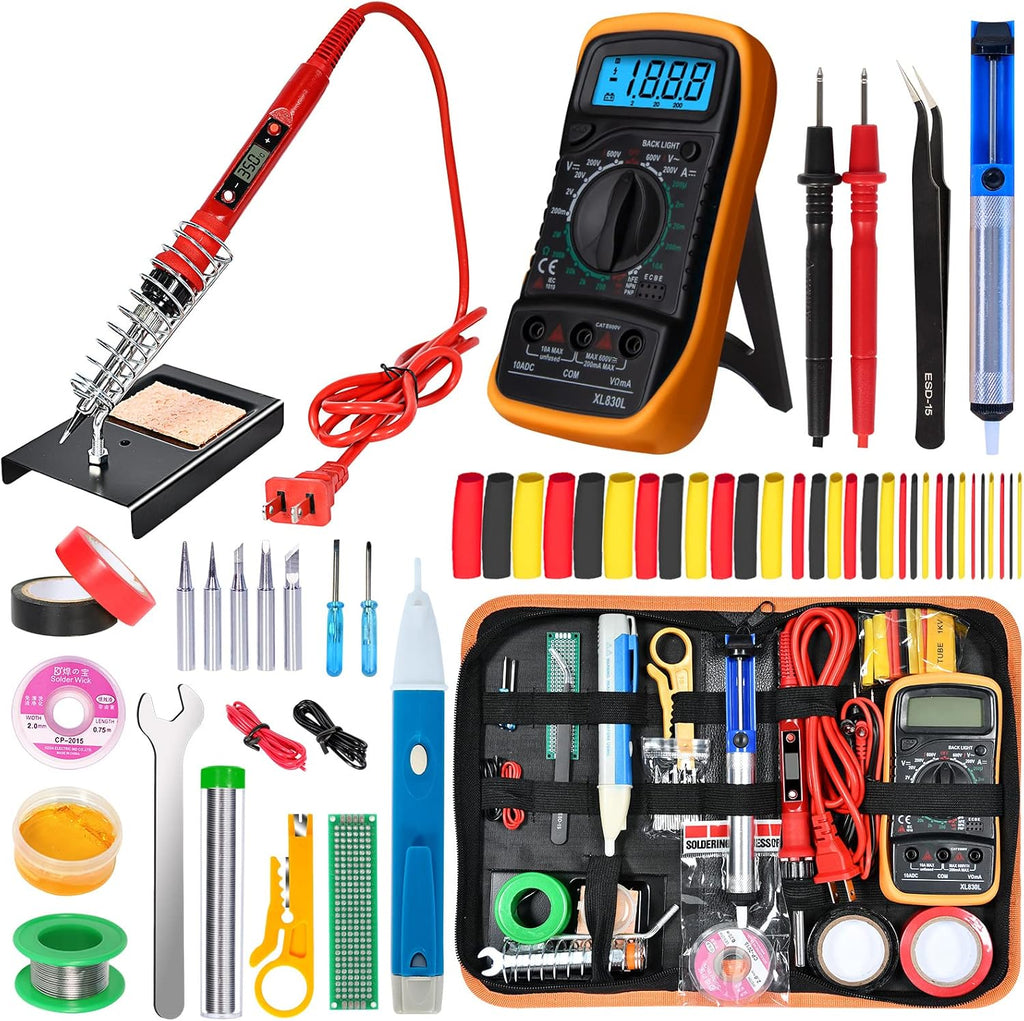 Soldering Iron Kit, 60W Adjustable Temperature, Digital Multimeter, 5pcs Soldering Tips, Wire, Stand, Desoldering Pump, Solder Wick, Tweezers, Welding Tool