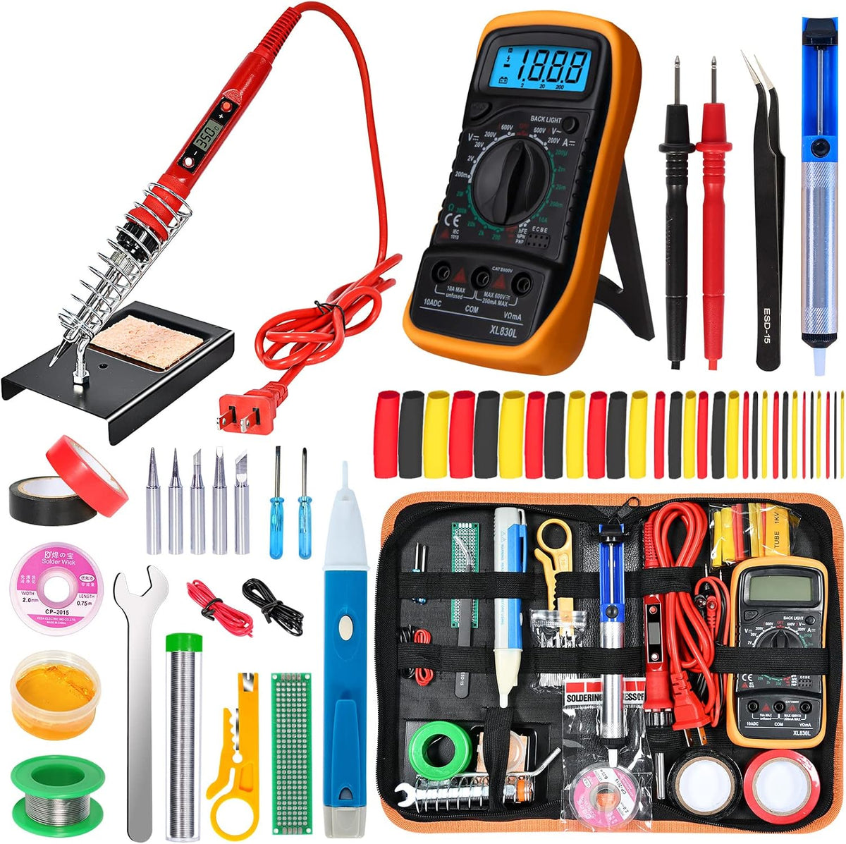 Soldering Iron Kit, 60W Adjustable Temperature, Digital Multimeter, 5pcs Soldering Tips, Wire, Stand, Desoldering Pump, Solder Wick, Tweezers, Welding Tool