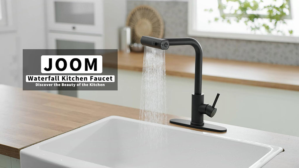 JOOM Black Waterfall Kitchen Faucet with Pull Down Sprayer & Soap Dispenser
