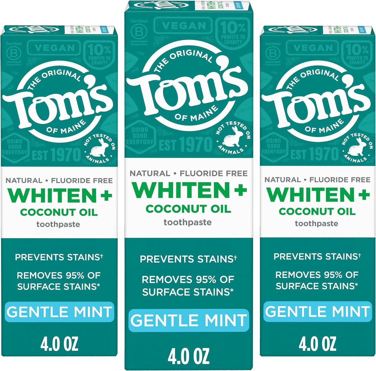 Tom's of Maine Whiten and Coconut Oil Toothpaste, Gentle Mint, 3 Pack, 4 oz