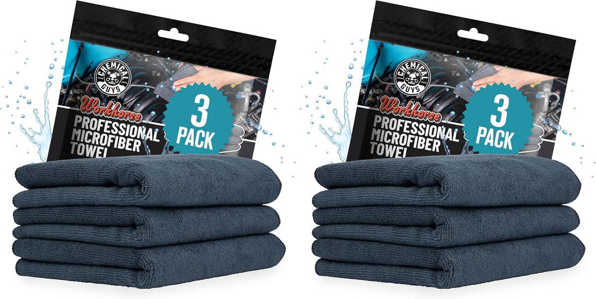 Chemical Guys, Workhorse Plush Microfiber Towels, 16 x 16 in, Black, 3 Pack