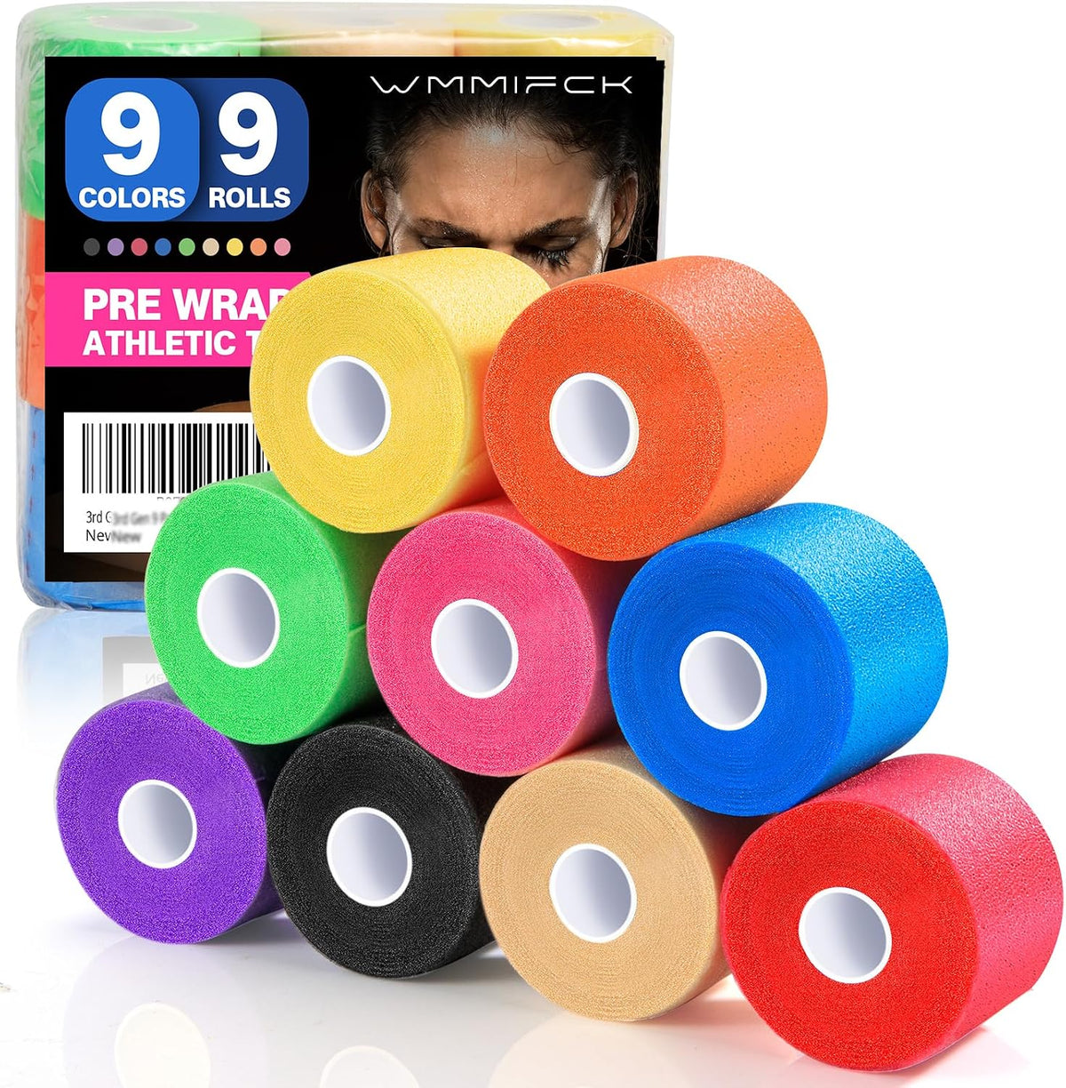9 Rolls (108 Yards) Prewrap Athletic Tape, 9 Colors Sports Pre Wrap