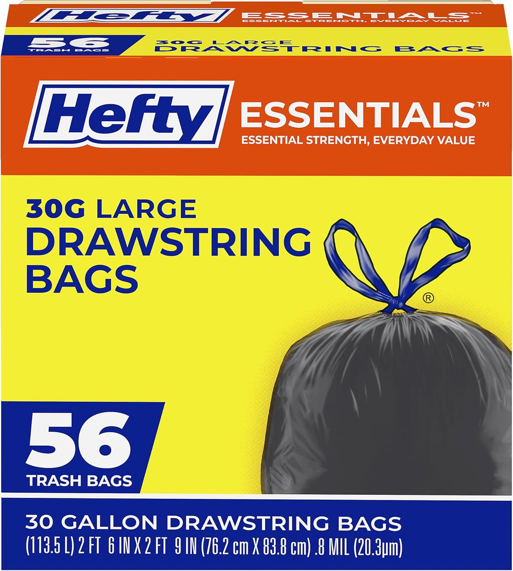 Hefty Essentials 30 Gallon Trash Bags, Black, Unscented, 56ct