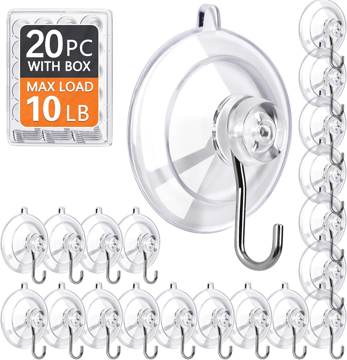 KORCCI Suction Cup Hooks 6Pack - Max Load 10LB, No Trace, Reusable & Removable, 1.77Inch Clear Medium Suction Cups, Stainless Steel Hooks, for Tile, Glass, Window, Shower, Kitchen, Bathroom, Decor