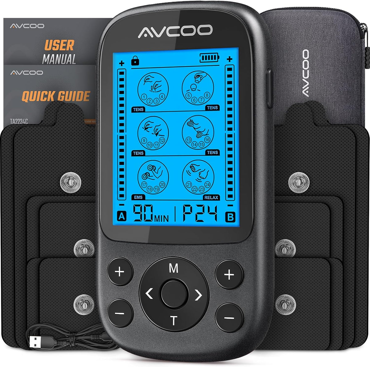 AVCOO 3-in-1 TENS Unit Muscle Stimulator for Pain Relief, 24 Modes, EVA Bag