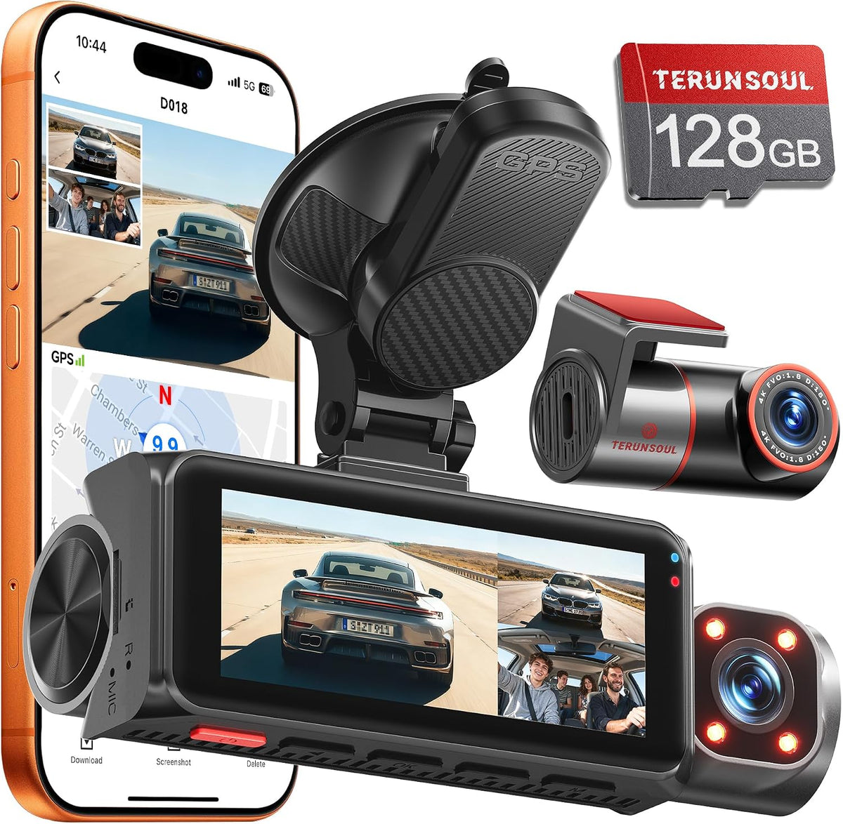 4K+4K+1080P 3 Channel Dash Cam, Free 128GB Card, AProX HD Night Vision
