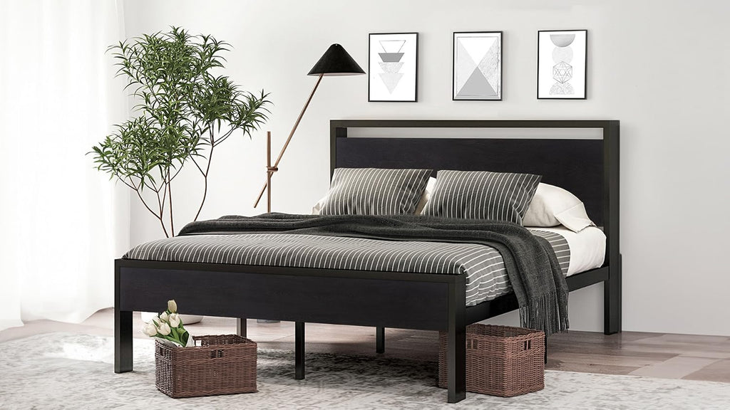 SHA CERLIN Full Size Bed Frame, Wooden Headboard and Footboard, Black Oak