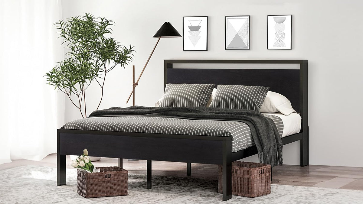 SHA CERLIN Full Size Bed Frame, Wooden Headboard and Footboard, Black Oak