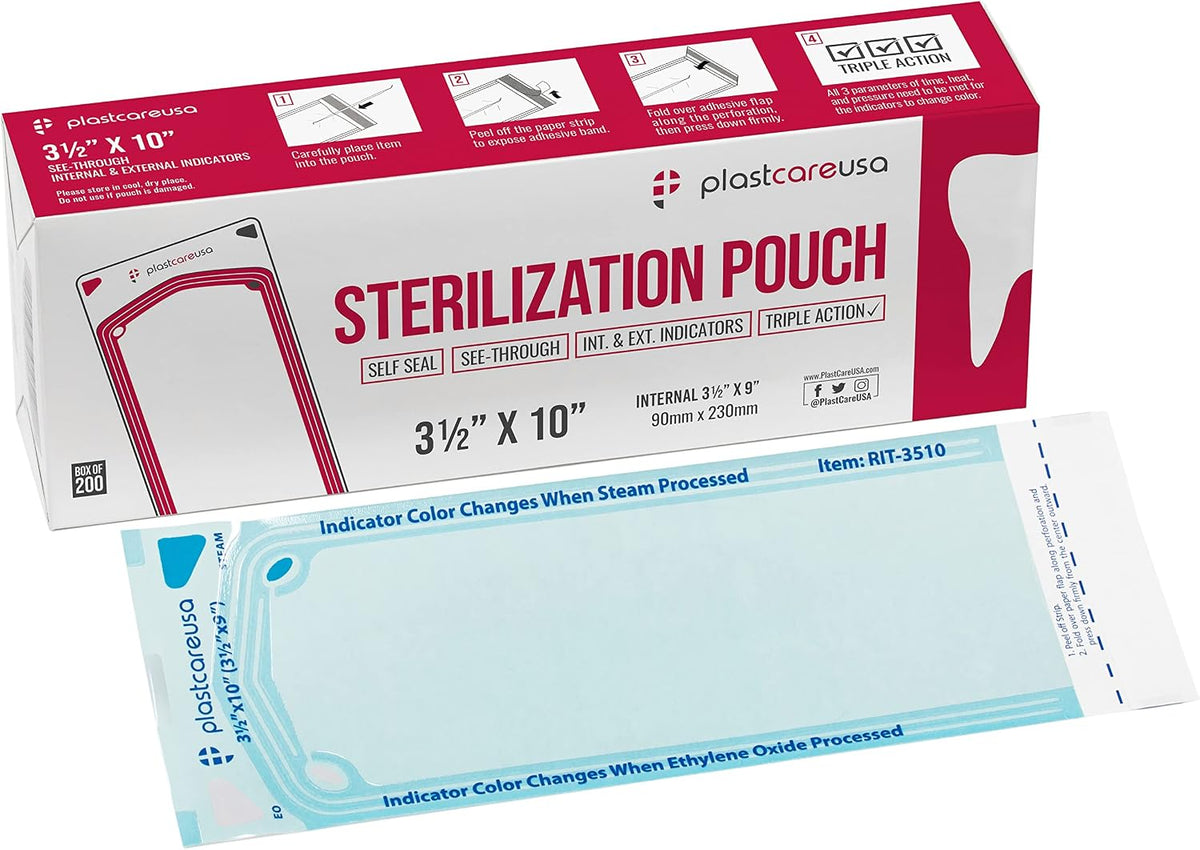 Self Sealing Sterilization Pouches 3.5" x 10" - Latex-Free, Color Changing Indicator (200 Count) by PlastCare USA