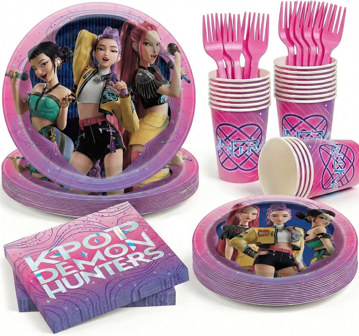 KPop Demon Hunters Birthday Decorations - Plates and Napkins, Cups, Forks