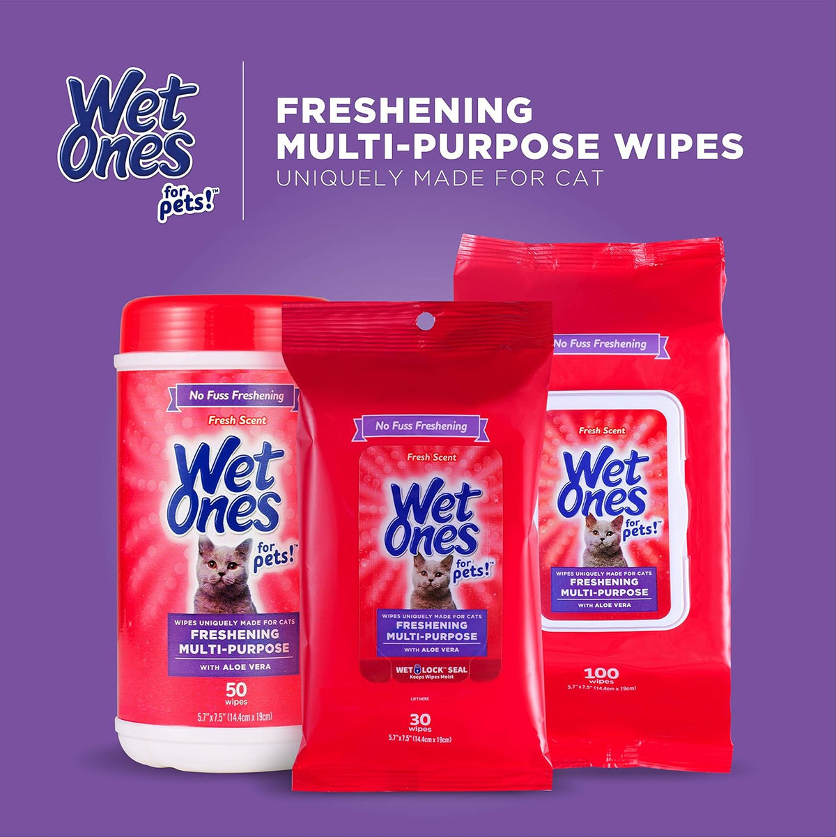 Wet Ones for Cats Freshening Wipes with Aloe Vera, Fresh Scent, 50 Count