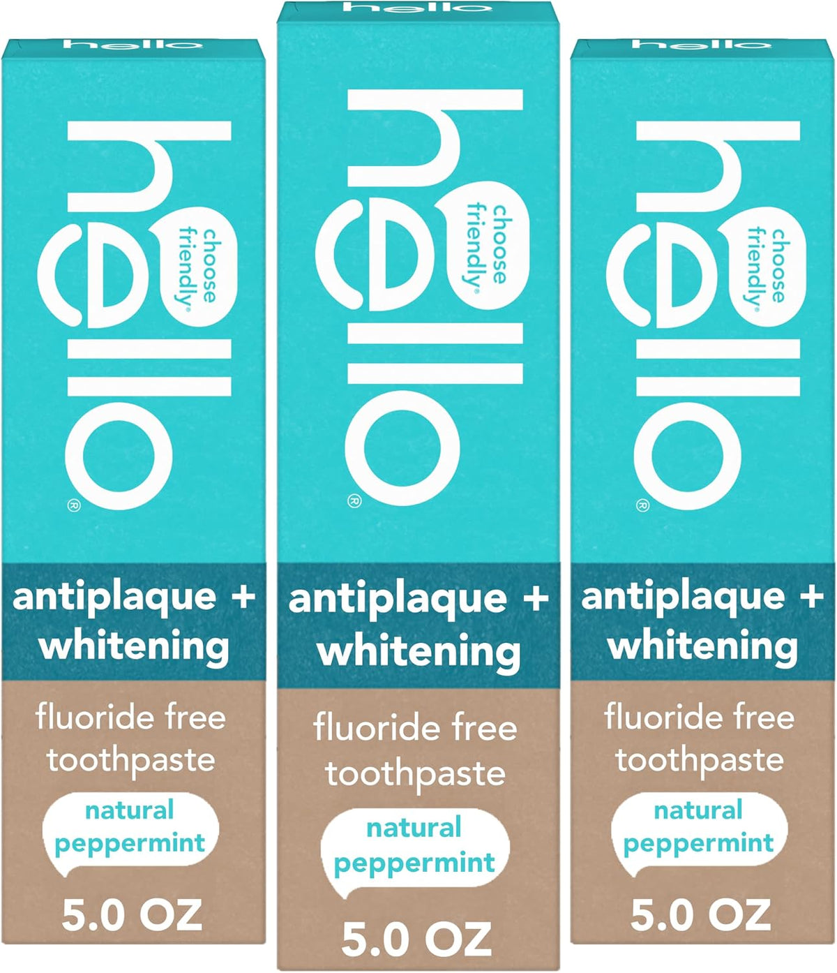 Hello Antiplaque and Whitening Fluoride Free Toothpaste, 5 Oz Tube, Whitening Toothpaste with Natural Peppermint Flavor and Tea Tree Oil, Crushes Tartar and Helps Remove Surface Stains, 3 Pack
