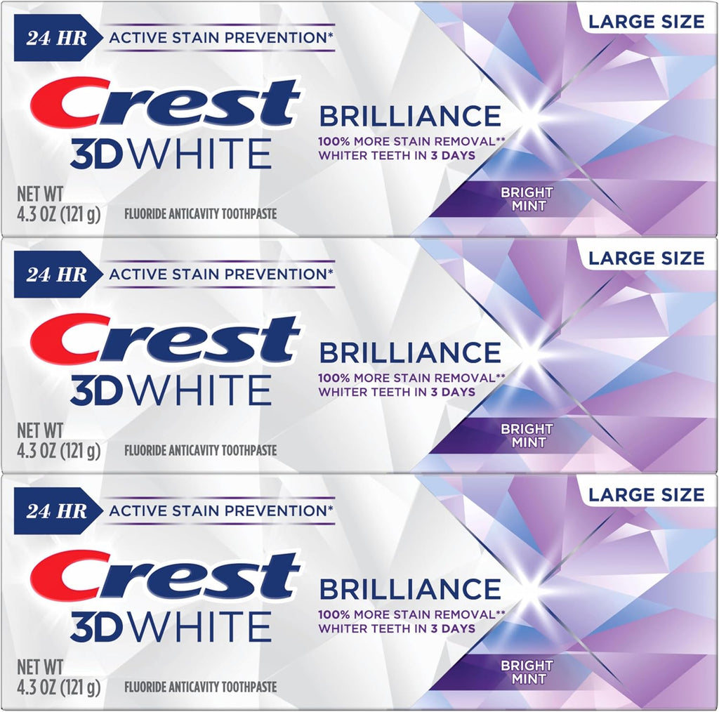 Crest 3D White Brilliance Bright Mint Teeth Whitening Toothpaste, 4.3 oz Pack of 3, 100% More Surface Stain Removal, 24 Hour Active Stain Prevention, Whiter Teeth in 3 Days