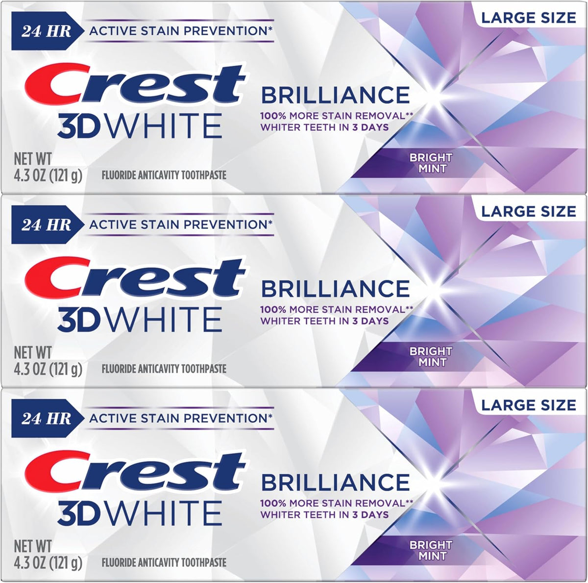 Crest 3D White Brilliance Bright Mint Teeth Whitening Toothpaste, 4.3 oz Pack of 3, 100% More Surface Stain Removal, 24 Hour Active Stain Prevention, Whiter Teeth in 3 Days