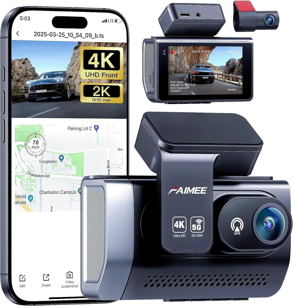 FAIMEE 4K Dash Cam Front and Rear, Night Vision, WDR, Free Card Included