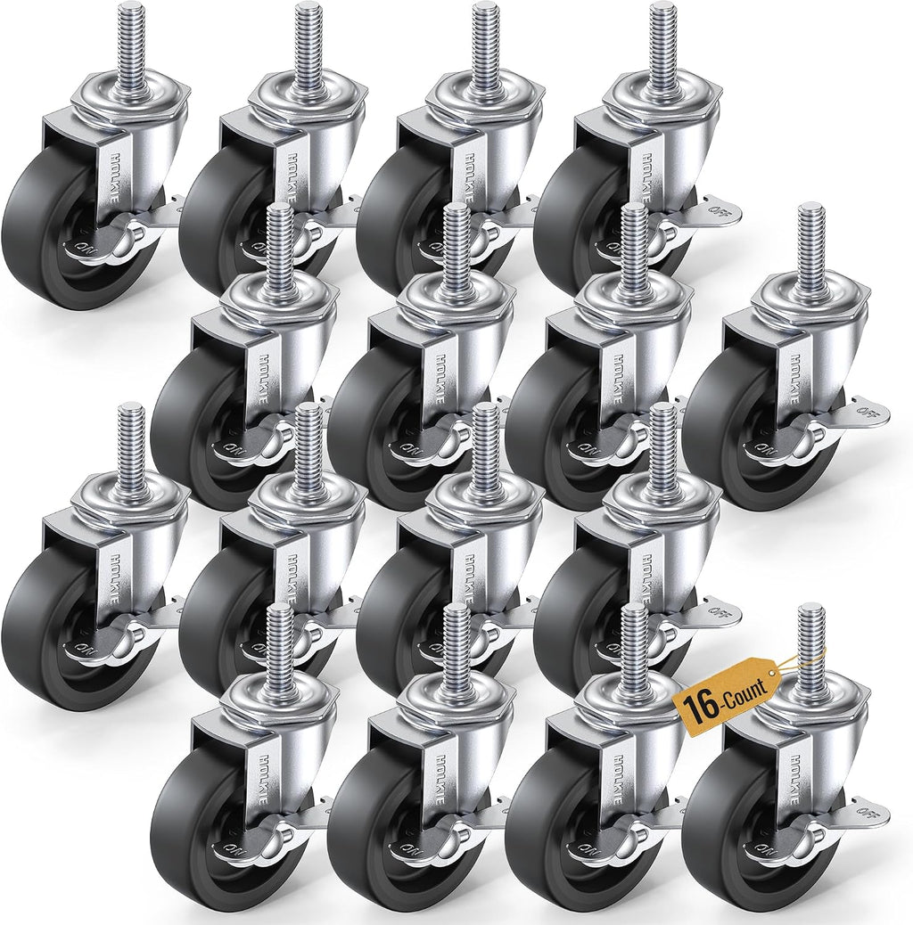 HOLKIE Stem Casters Wheels Set of 4 Standard US 3/8"-16 x 1-1/2" with Brake