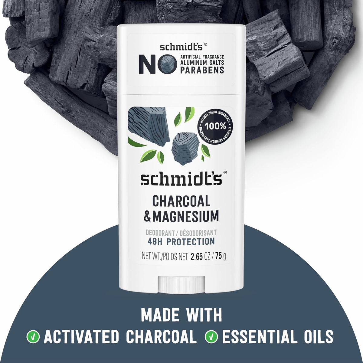 Schmidt's Aluminum-Free Vegan Deodorant Charcoal & Magnesium with 2.65 oz