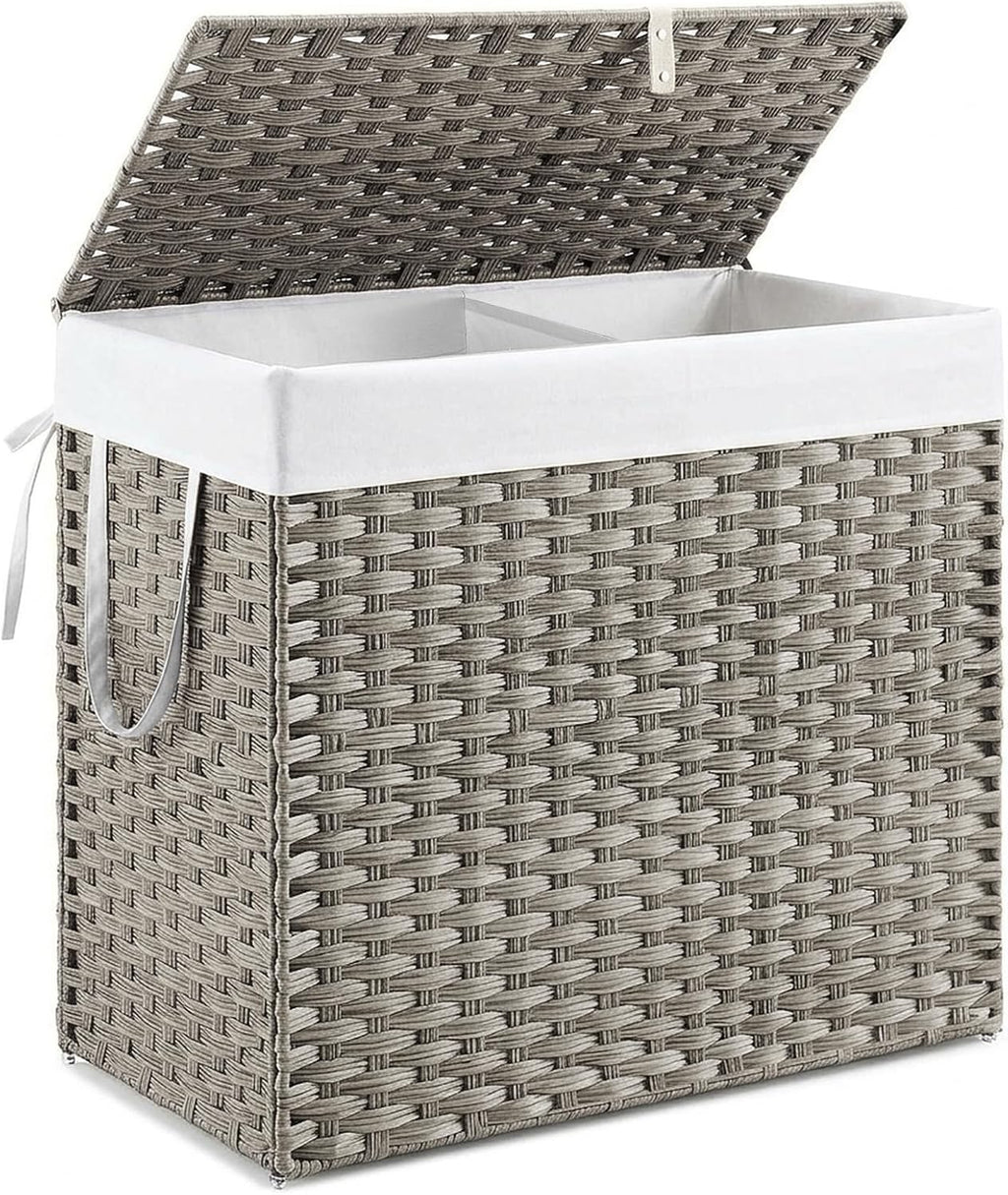 DUMOS Woven Laundry Basket with Lid, 90L Large Capacity Hamper, Removable & Machine-Washable Liner, Foldable Rattan Clothes Hamper, Sturdy Steel Frame, Odor Control, Dove Gray