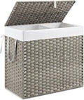 DUMOS Woven Laundry Basket with Lid, 90L Large Capacity Hamper, Removable & Machine-Washable Liner, Foldable Rattan Clothes Hamper, Sturdy Steel Frame, Odor Control, Dove Gray