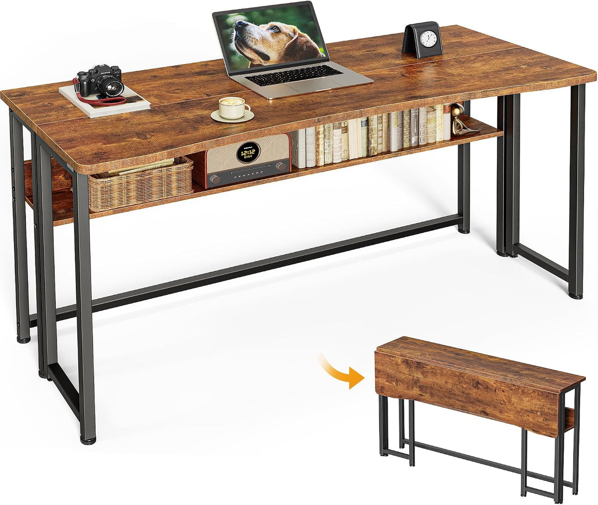 Huuger Folding Desk with Storage Shelf, 31.5 Inch Foldable Computer Table