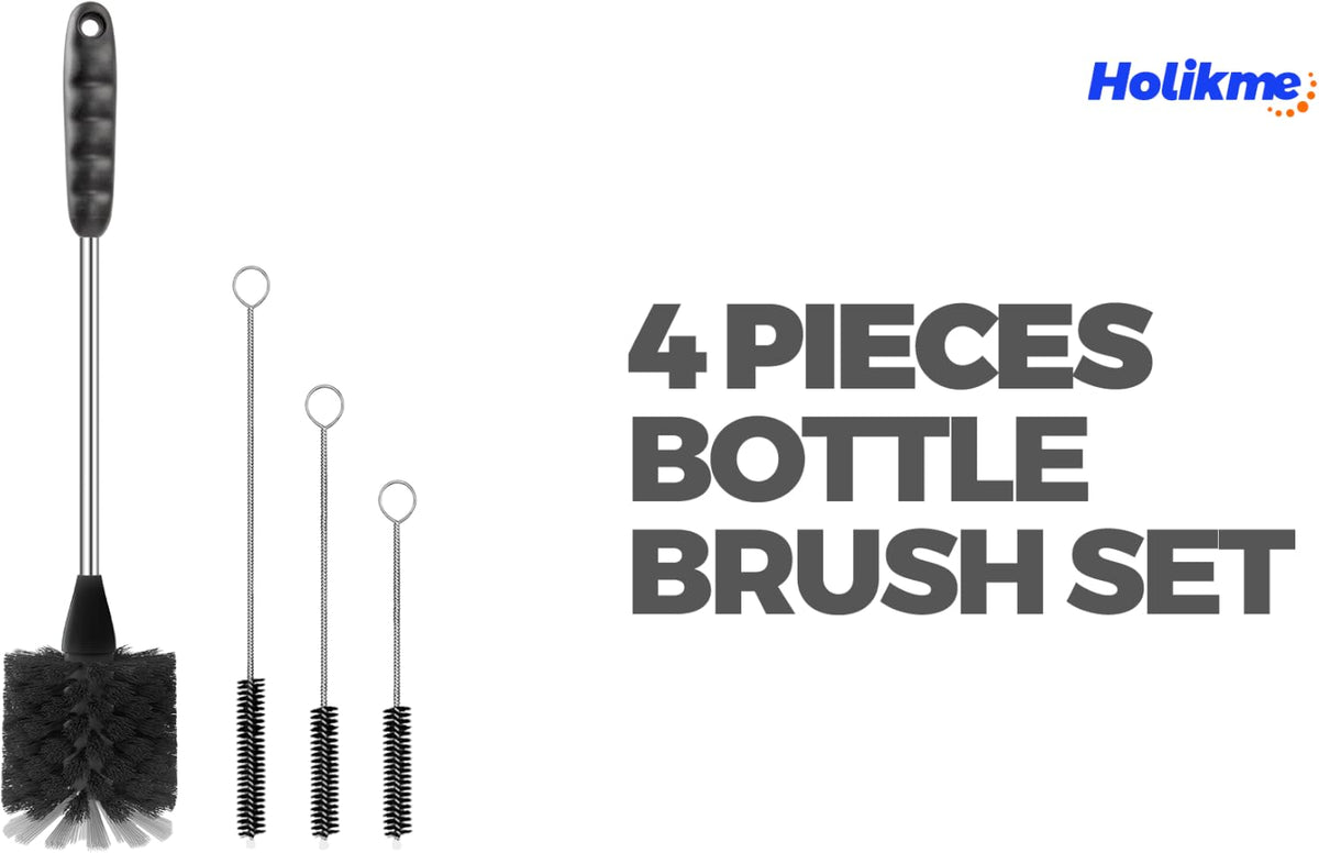 Holikme 4 Pack Bottle Brush 14" Stainless Steel Straw Cleaner Brush,Black