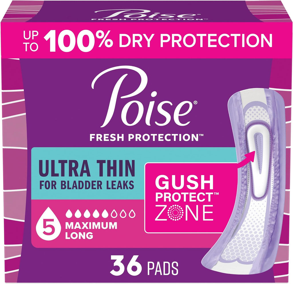 Poise Ultra Thin Incontinence Pads for Women, 5 Drop, Wings, Long, 60 ct