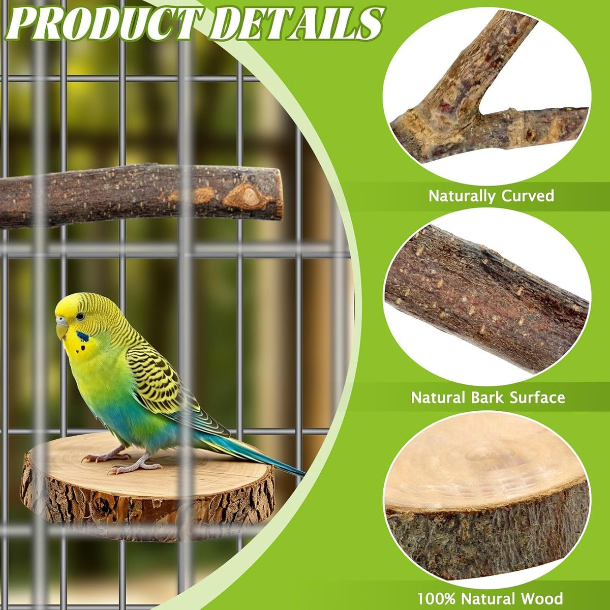 8 Pcs Natural Wood Bird Perch Set for Parakeets & Budgies