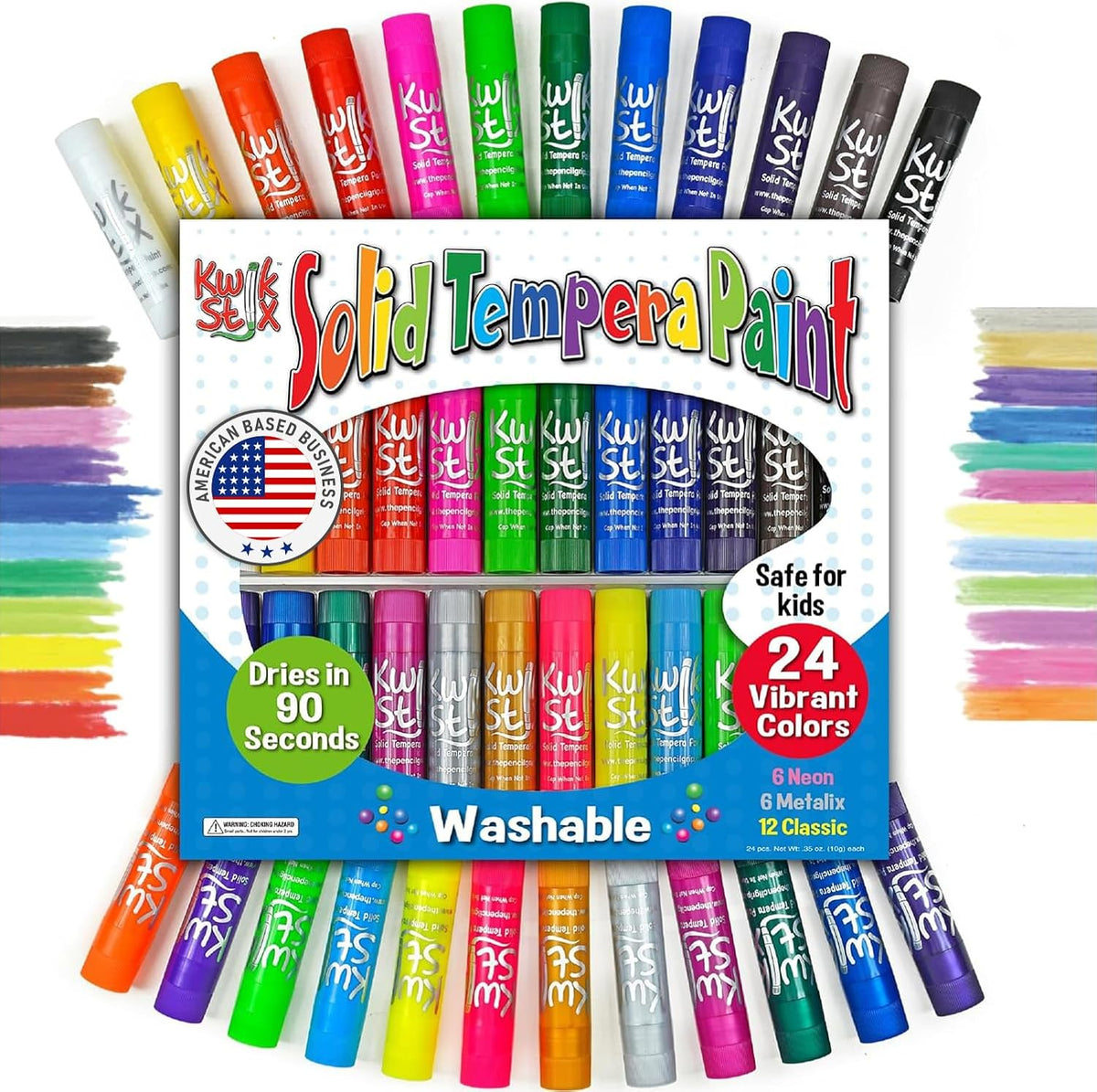 Kwik Stix Solid Tempera Paint Sticks, 24 Colors, Washable Paint Sticks for Kids, Non-Toxic, Quick Drying, Allergen Free, Comes in Classic, Metallic, & Neon Colors, Ideal for Kids and Toddlers