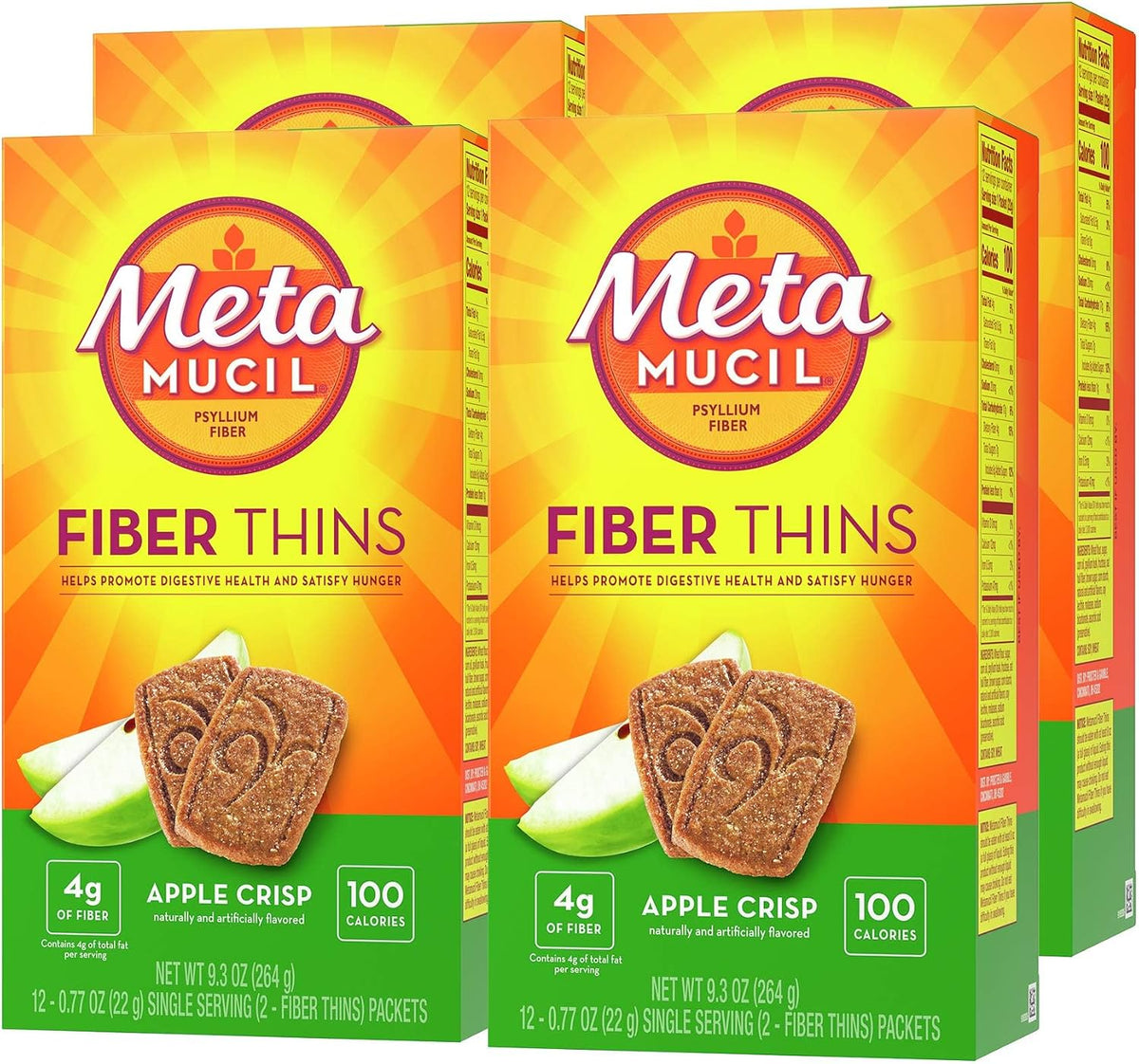 Metamucil, Fiber Thins, Daily Psyllium Husk Fiber Supplement, Supports Digestive Health and Satisfies Hunger, Apple Crisp Flavor, 48 Total Servings (4 Packs of 12)