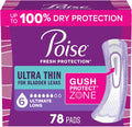 Poise Ultra Thin Incontinence Pads for Women, 6 Drop, Long, 78 ct