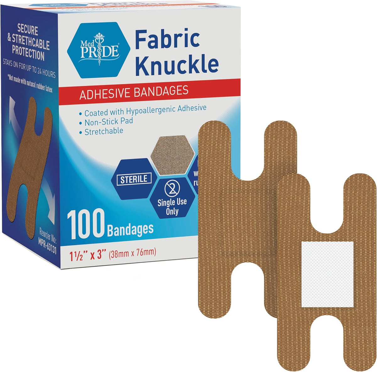 MED PRIDE Fabric Knuckle Bandages,Latex-Free,1.5x3 in,100-Count