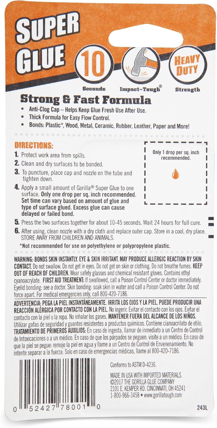 Gorilla Super Glue, All Purpose and Fast Setting, Clear, 20 g