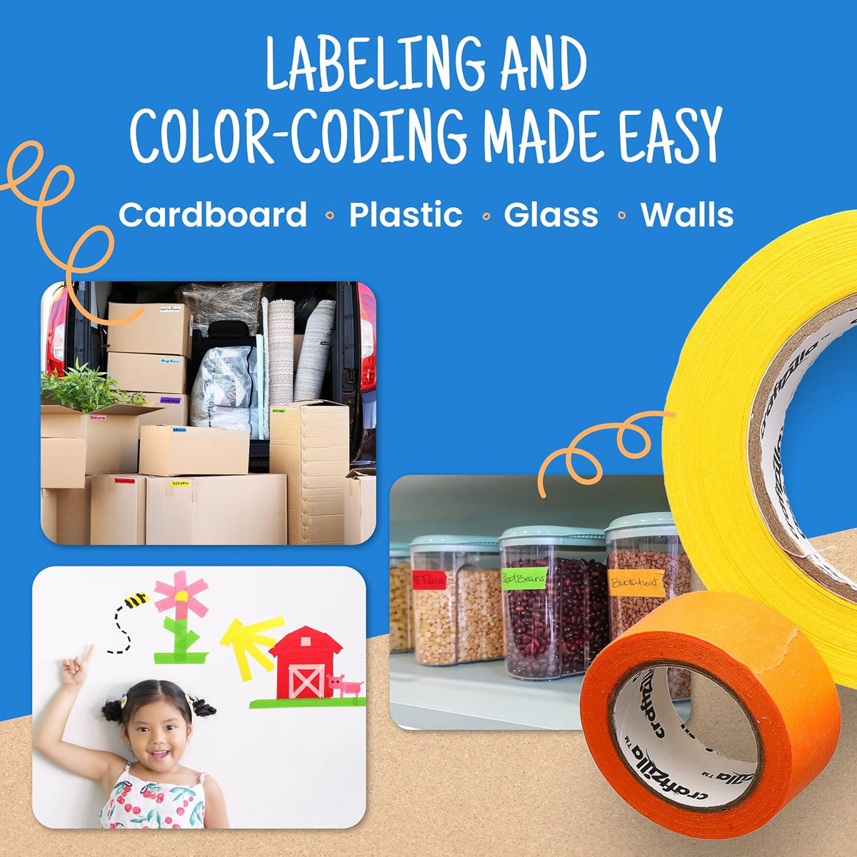 Craftzilla Rainbow Colored Masking & Painters Tape, 6 Rolls, 1in x 10 Yards