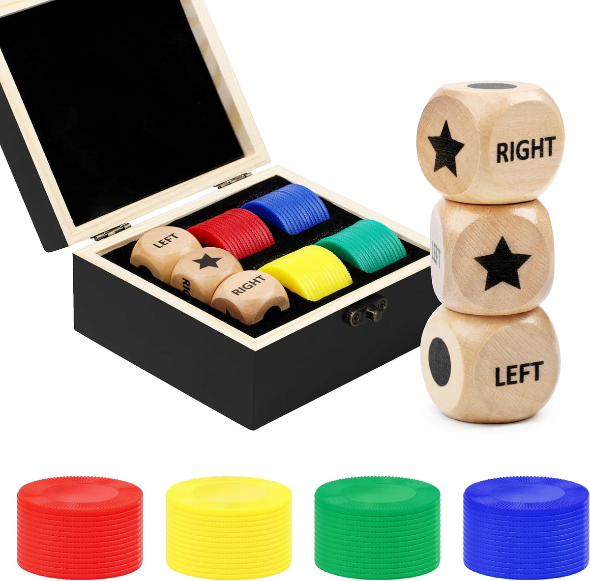 Pagather Left Right Roll Dice Game Set, Wooden Box with 3 Dice & 48 Chips