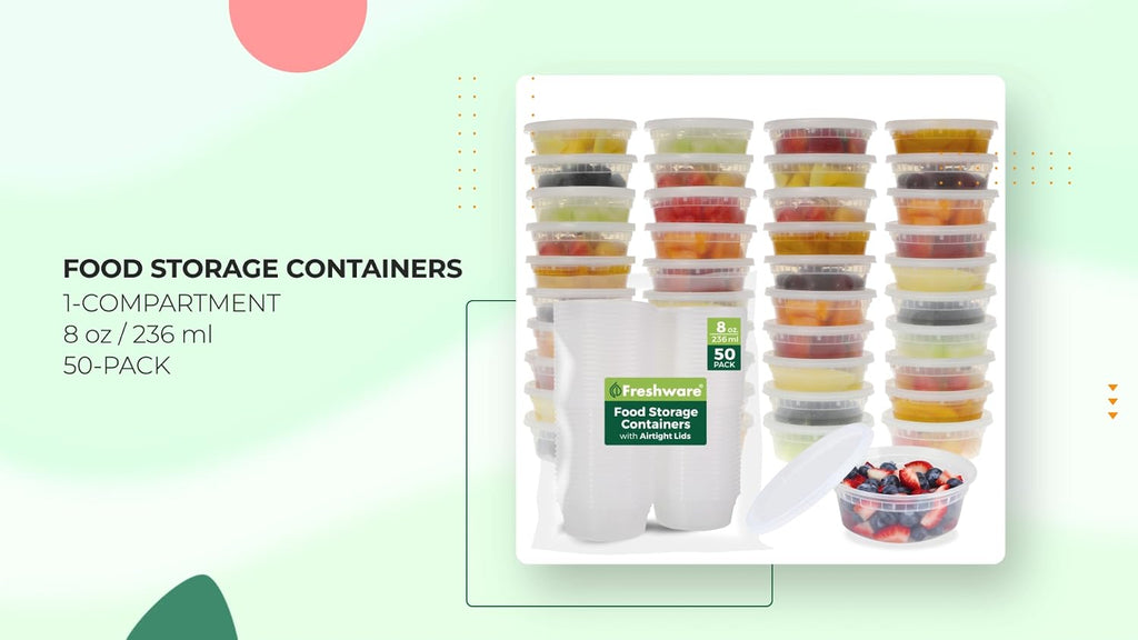Freshware Food Storage Containers [50 Set] 8 oz Plastic Deli Containers with Lids, Slime, Soup, Meal Prep Containers | BPA Free | Stackable | Leakproof | Microwave/Dishwasher/Freezer Safe