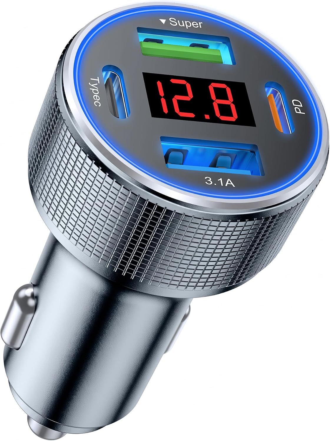 Car Charger USB C Fast Charge, 4 Port 78W Metal Car Phone Charger with Voltmeter, 2 USB-C & 2 USB-A Cigarette Lighter USB Charger Adapter for iPhone 17 16 15 Pro Max, Galaxy S26 S25, iPad