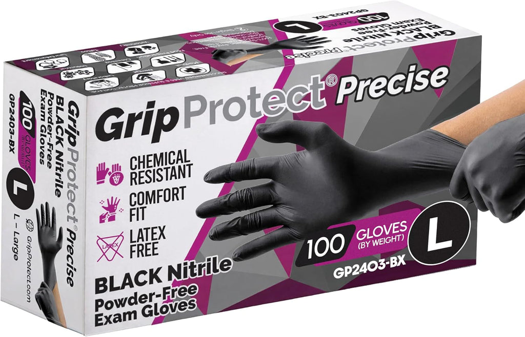 GripProtect Precise Black Nitrile Gloves 4 Mil, Chemical Resistant Gloves