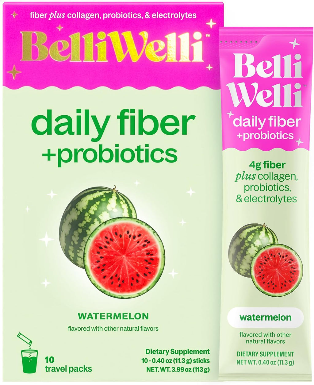 Belli Welli Daily Fiber Supplement Packets with Collagen, Probiotics & Electrolytes | Single Serve Packets for Gut Health, Digestion & Debloating | Variety | 10 Count