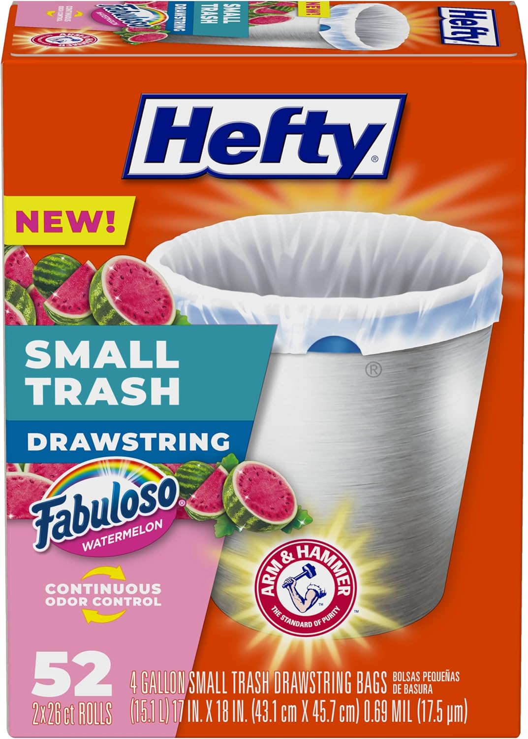 Hefty 4 Gallon Small Trash Bags, White, Fabuloso Watermelon Scent, 52ct