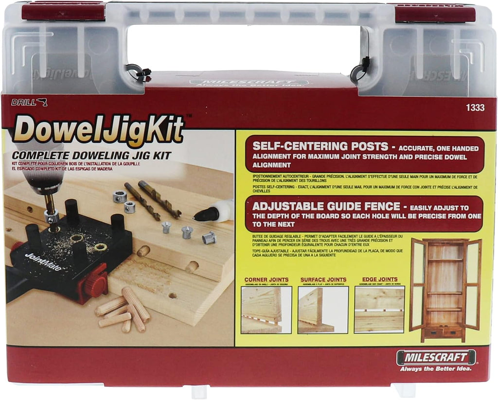 Milescraft 1333 DowelJig Kit - Self-Centering Handheld Dowel Jig with 3 Metal Bushing Sizes (1/4in, 5/16in, 3/8in) - Complete with all Accessories