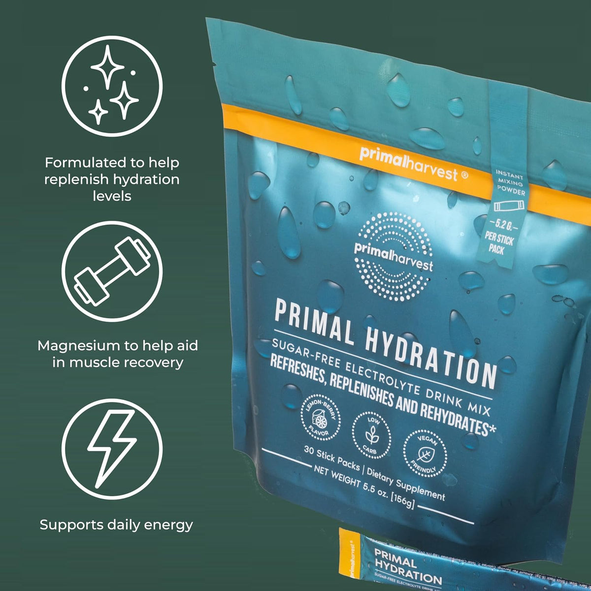 Primal Harvest Hydration - Electrolytes Sticks, Lemon Berry Flavor, Vegan