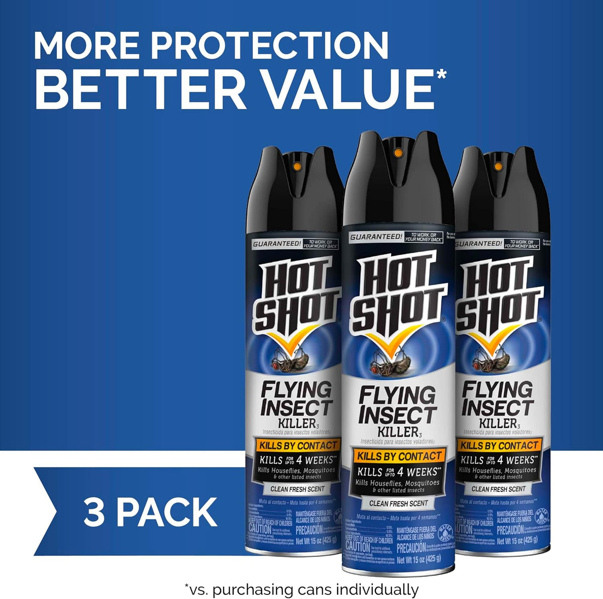 Hot Shot Flying Insect Killer, 15 Ounces, Aerosol Kills Houseflies, Mosquitoes and Flying Insects Indoors and Outdoors, Clean Fresh Scent, 3 Pack, 3.94 Pounds