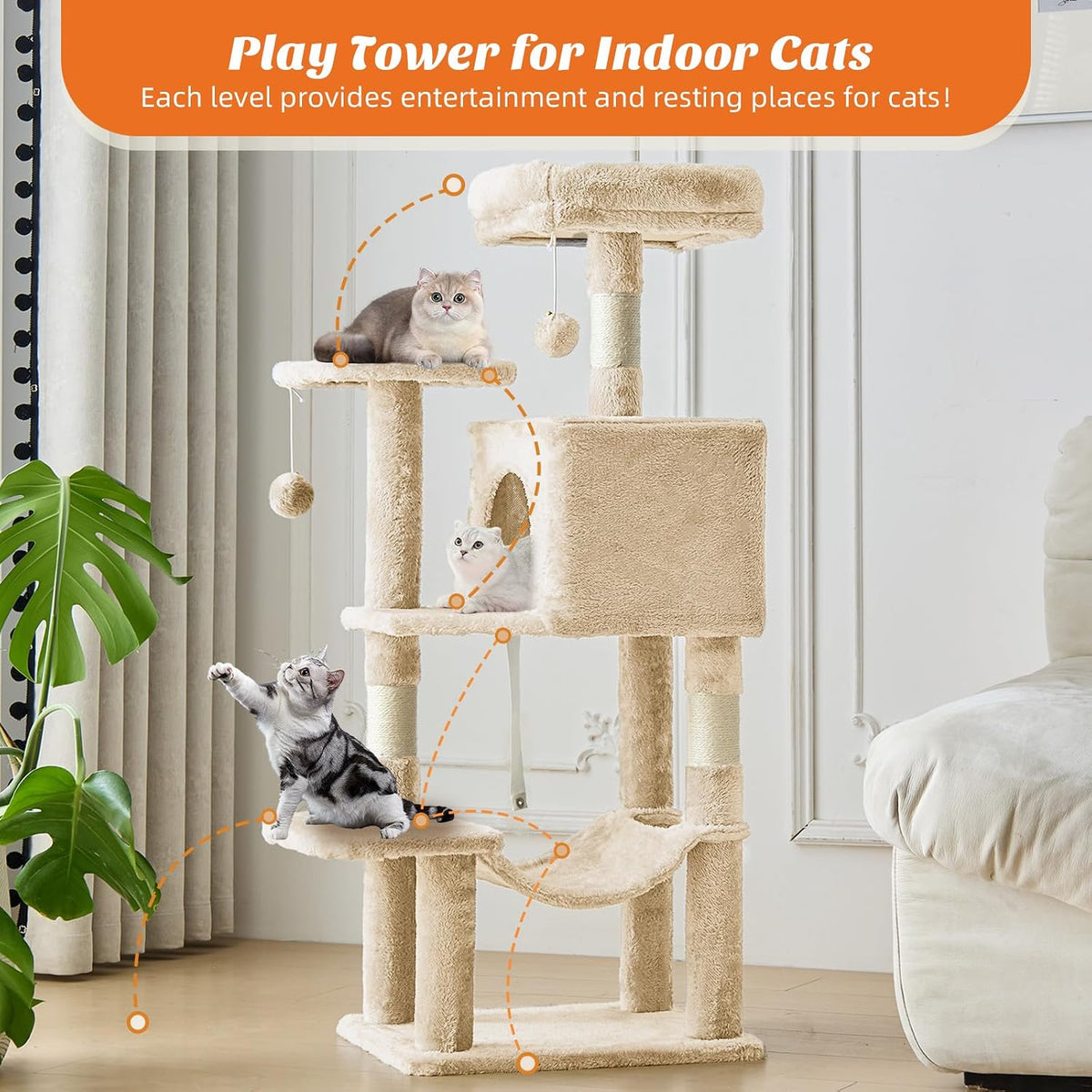 Sweetcrispy 44 Inch Cat Tree Tower for Indoor Cats and Kittens