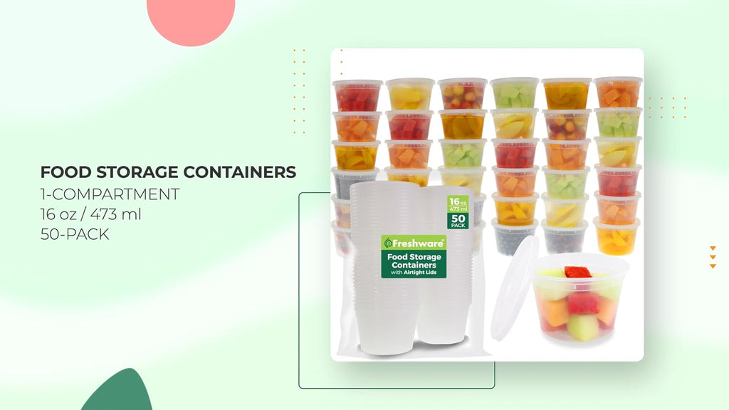 Freshware Food Storage Containers [50 Set] 16 oz Plastic Deli Containers with Lids, Slime, Soup, Meal Prep Containers | BPA Free | Stackable | Leakproof | Microwave/Dishwasher/Freezer Safe