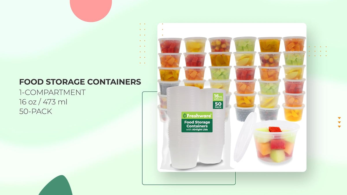 Freshware Food Storage Containers [50 Set] 16 oz Plastic Deli Containers with Lids, Slime, Soup, Meal Prep Containers | BPA Free | Stackable | Leakproof | Microwave/Dishwasher/Freezer Safe