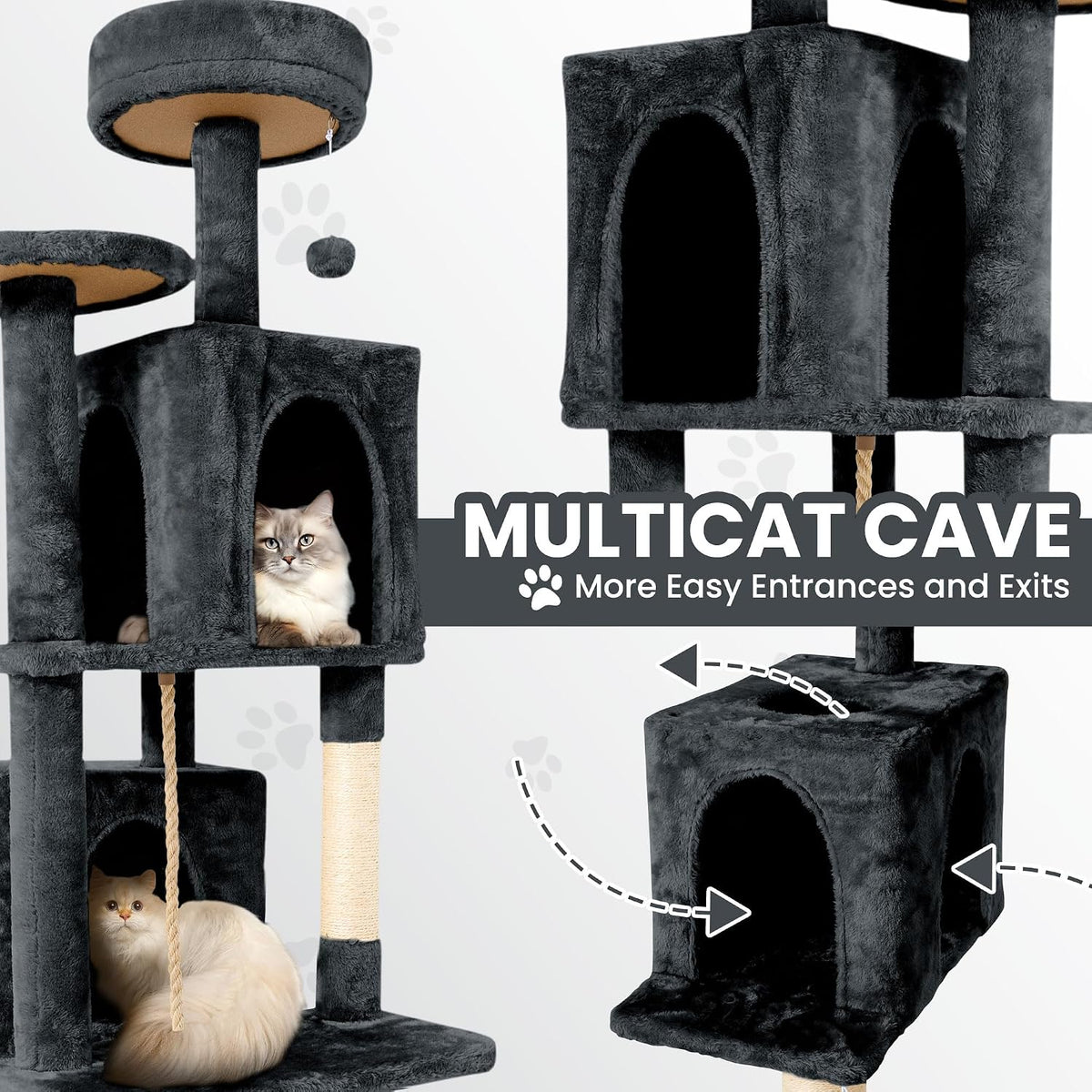58.5inch Large Cat Tree Tower Condo for Indoor Cats, Soft Plush Multi-Level Climbing Tree Cat House with Cat Cave, Scratching Post, More Entrance/Exit, Sisal Rope, Grey Black