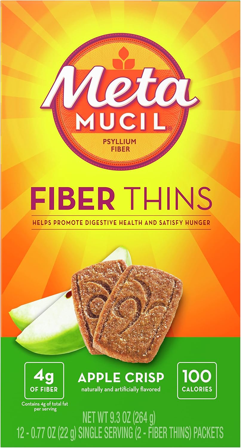 Metamucil, Fiber Thins, Daily Psyllium Husk Fiber Supplement, Supports Digestive Health and Satisfies Hunger, Apple Crisp Flavor, 48 Total Servings (4 Packs of 12)